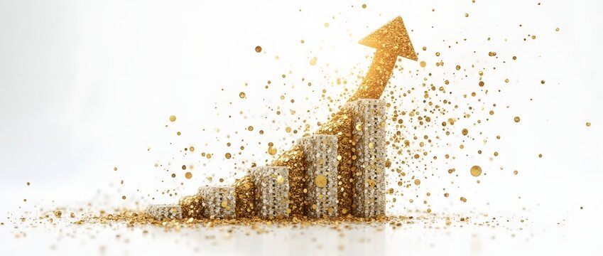 Exploding golden glitter bar graph with a sharp upward arrow against a bright white background symbolizing exponential growth and success.