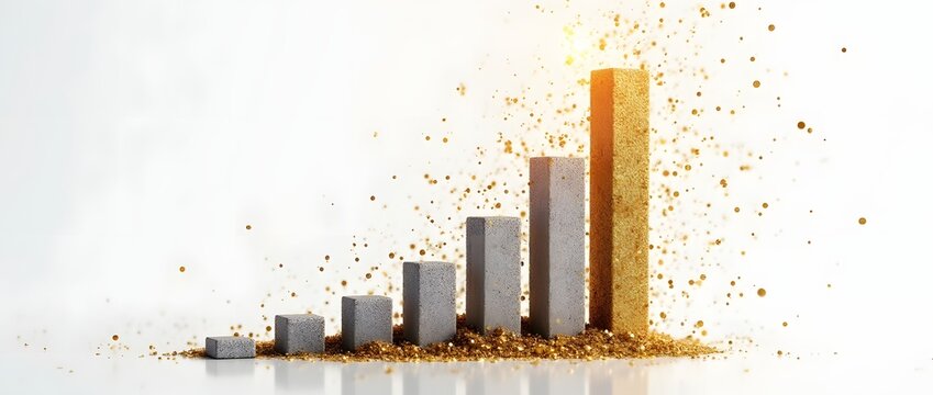 Bar chart progression with gray blocks culminating in a sparkling golden bar, symbolizing business success and outstanding achievement on a white background.
