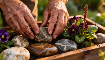 Medium shot capturing hands arranging textured stones and colorful flowers emphasizing tactile and visual stimulation in a wellcrafted sensory garden.