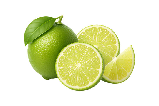 Fresh Green Key Lime Fruit with Slices and Leaf Isolated on a Transparent Background
