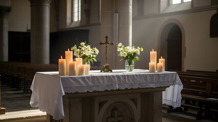 Celebrating World Religion Day with Candles and Flowers on an Altar in a Serene Church Environment from a Front Viewpoint