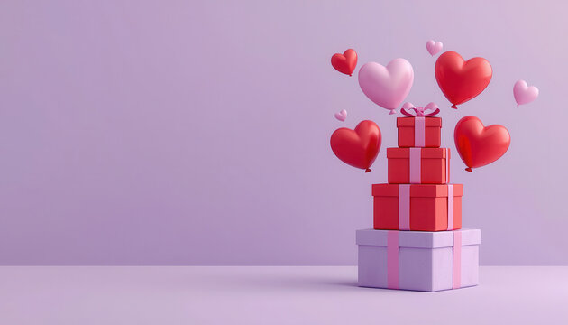 Pacchi regalo rosa e rossi con cuori su sfondo lilla. Generative AI
