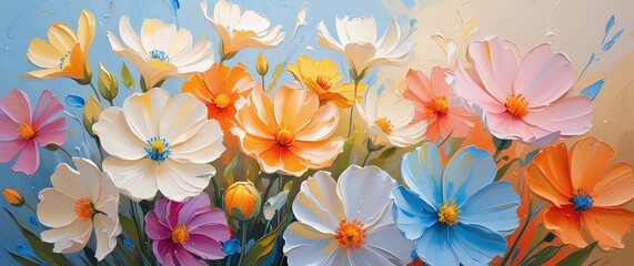 Bold, textured floral landscape with warm oranges and cool blues under luminous lighting. Banner, wallart.