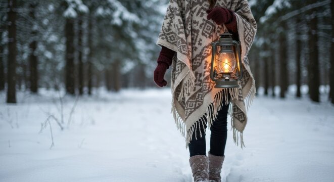 A woman walks a snowy path, lantern in hand, through a winter forest