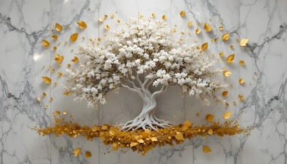 White Tree With Golden Leaves Against Marble Landscape Background