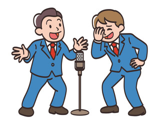 楽しそうに漫才をするお笑いコンビのイラスト