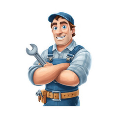 A cartoon illustration of a smiling mechanic holding a wrench in his hand.