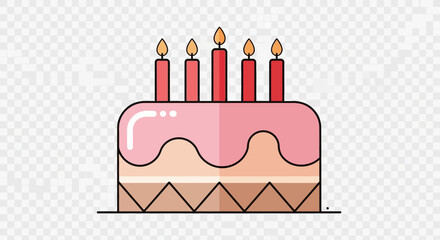 Birthday Cake With Five Lit Candles, Flat Design Icon, Celebration Food, Pink Frosting
