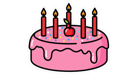 Pink Birthday Cake with Five Candles, Cherry Topping, and Sprinkles