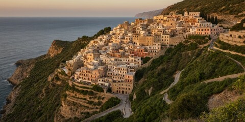H&auml;user an der K&uuml;ste in den Bergen bei Sonnenuntergang &ndash; mediterrane Landschaft