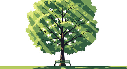 park tree illustration with bench under sunlight in summer daylight green city nature concept for eco campaign poster or website background
