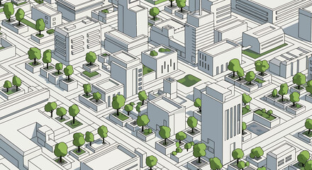 isometric smart city illustration with green urban architecture showing modern buildings streets and trees for eco friendly planning concepts