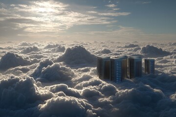 Data servers resting peacefully on fluffy clouds under a bright sky at dawn, illustrating a blend of technology and nature