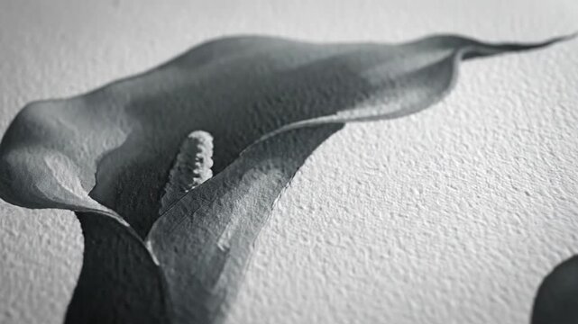 Extremely close-up slow motion dolly shot glides across the delicate brushstrokes and texture of a minimalist watercolor painting featuring a calla lily silhouette texturefocus, smooth, tranquil