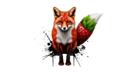 a whimsical digital illustration depicts a fox with a strawberry body and fluffy tail exhibiting a playful design on transparent background high quality professional detailed modern