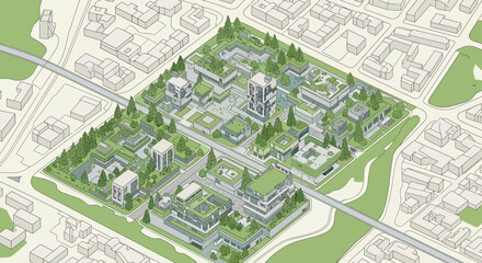 Obraz premium sustainable city masterplan illustration of modern green buildings with rooftop gardens and trees aerial isometric eco district map for urban design projects