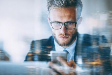 Young businessman with glasses using smartphone while working on laptop in a modern office during the day