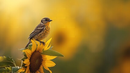 A small bird perches on a bright yellow sunflower in a field of sunflowers