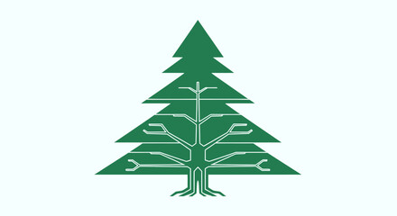 eco technology christmas tree icon with circuit board branches on white background for sustainable holiday branding and digital campaigns