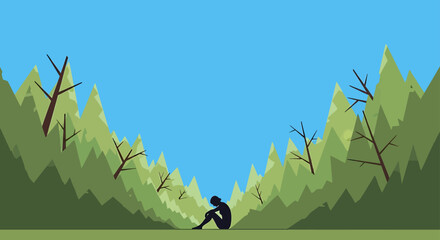 depression and loneliness concept with sad person sitting alone in empty forest clearing under blue sky mental health awareness background