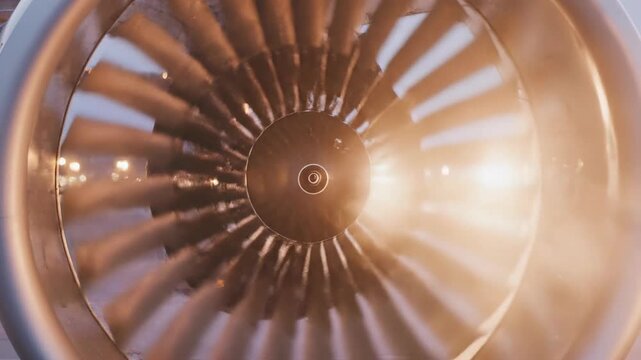 Extremely close-up slow motion shot of a powerful commercial jet engine turbine beginning to spin and generate thrust preparing for flight industrial, airport, engine