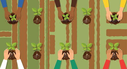 community gardening teamwork hands planting young seedlings in rows top view illustration symbolizing sustainability education and diversity