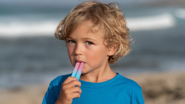 Cute blonde boy enjoying colorful popsicle at seaside beach in sunny weather