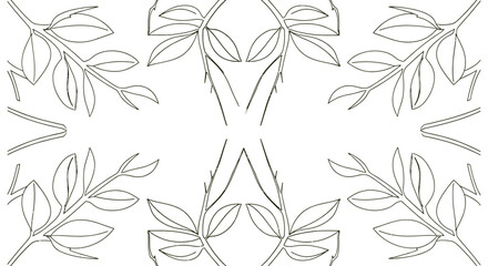 Fototapeta premium botanical line art pattern with minimal leaf branches forming a seamless symmetrical frame on white background for branding and packaging