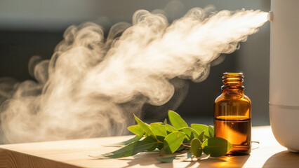 Sunlit woman inhaling aromatic scent from a small amber bottle with fresh green leaves nearby, creating a serene and soothing atmosphere on a wooden table