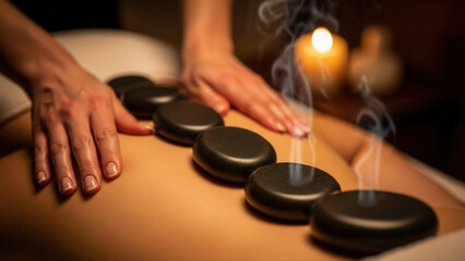 Close view of hands gently kneading shoulder muscle with hot stones, warm ambient lighting, relaxing spa atmosphere, and candlelit background