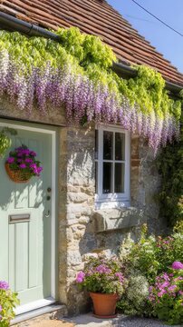 Charming Cottage with Wisteria Bloom: A picturesque stone cottage, adorned with a cascade of vibrant wisteria blooms, creates an inviting scene that speaks of tranquility and natural beauty.
