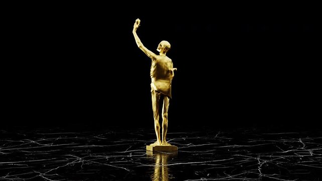 Gold Anatomy Statue Spinning on Black Marble Floor - Premium Art Loop