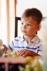 Child sits at table during meal time with fruits