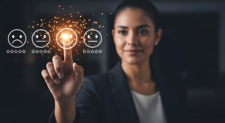 Woman giving positive feedback rating online review customer experience satisfaction survey happy face