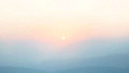 A serene landscape of a sunset over a misty mountain range with a vibrant sky