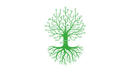 Fototapeta premium technology tree vector concept showing green circuit board branches and roots on white background for innovation ai and data growth