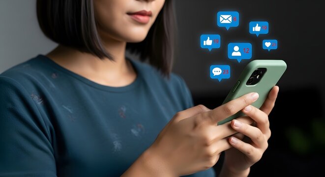 Woman using phone for social media engagement marketing online communication notification likes and comments - Powered by Adobe
