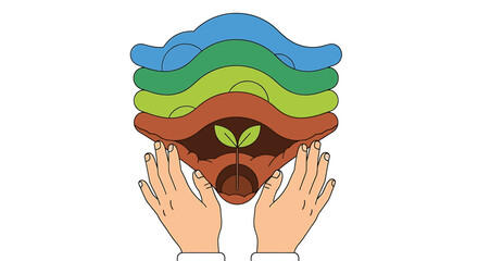 environmental protection concept with human hands nurturing a small green plant in layered soil and landscape illustration for eco campaign design