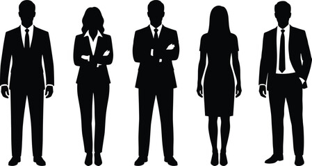 Business people silhouette set, professional men and women standing poses, corporate teamwork concept, black vector illustration