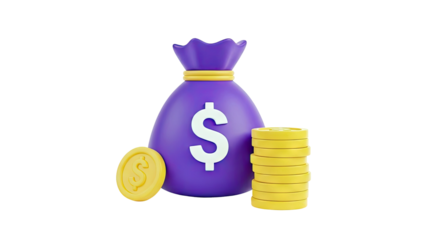 3D Money bag with dollar sign and stack of gold coins on transparent background