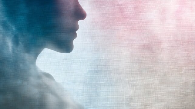 Female silhouette with soft glowing light traces around the head on a linen texture background, symbolizing neurofeedback and dynamic health data for wellness tech.