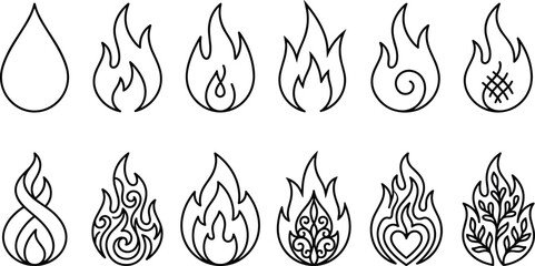 Flame icon set, fire symbols collection, abstract line flames, decorative energy shapes, black and white outline vector illustration design pack