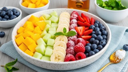 Rainbow Delight: A vibrant fruit salad, bursting with colorful tropical fruits and berries arranged in an appealing, rainbow-like pattern.