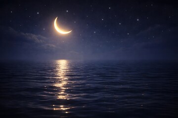 Crescent Moon Reflection on Water Ramadan Night Scene