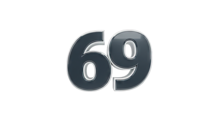 3D number 69 with metallic glossy finish on transparent background