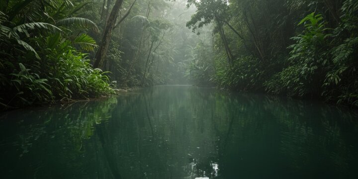 Mystischer Dschungel mit nebligem Wasser und &uuml;ppiger Vegetation in einem tropischen Paradies