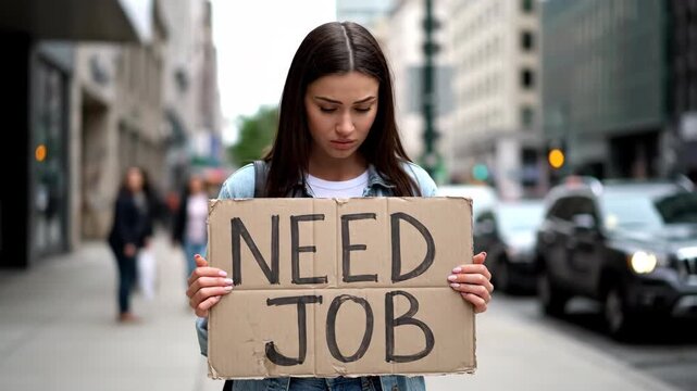 Young woman with a distressed expression holds a cardboard sign that reads 'Need Job' on a busy city street due economic hardship.