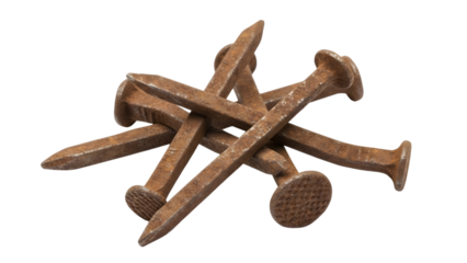 Rusty nails with round heads arranged in a star shape isolated on a transparent background round head nails