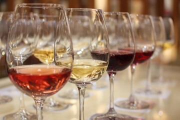 Fototapeta premium Enjoying a scenic wine tasting experience with rows of diverse wine glasses filled with red and white wines in a charming vineyard setting
