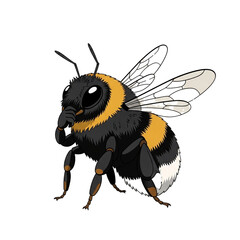 Detailed illustration of a fuzzy bumblebee with black and yellow stripes wings.